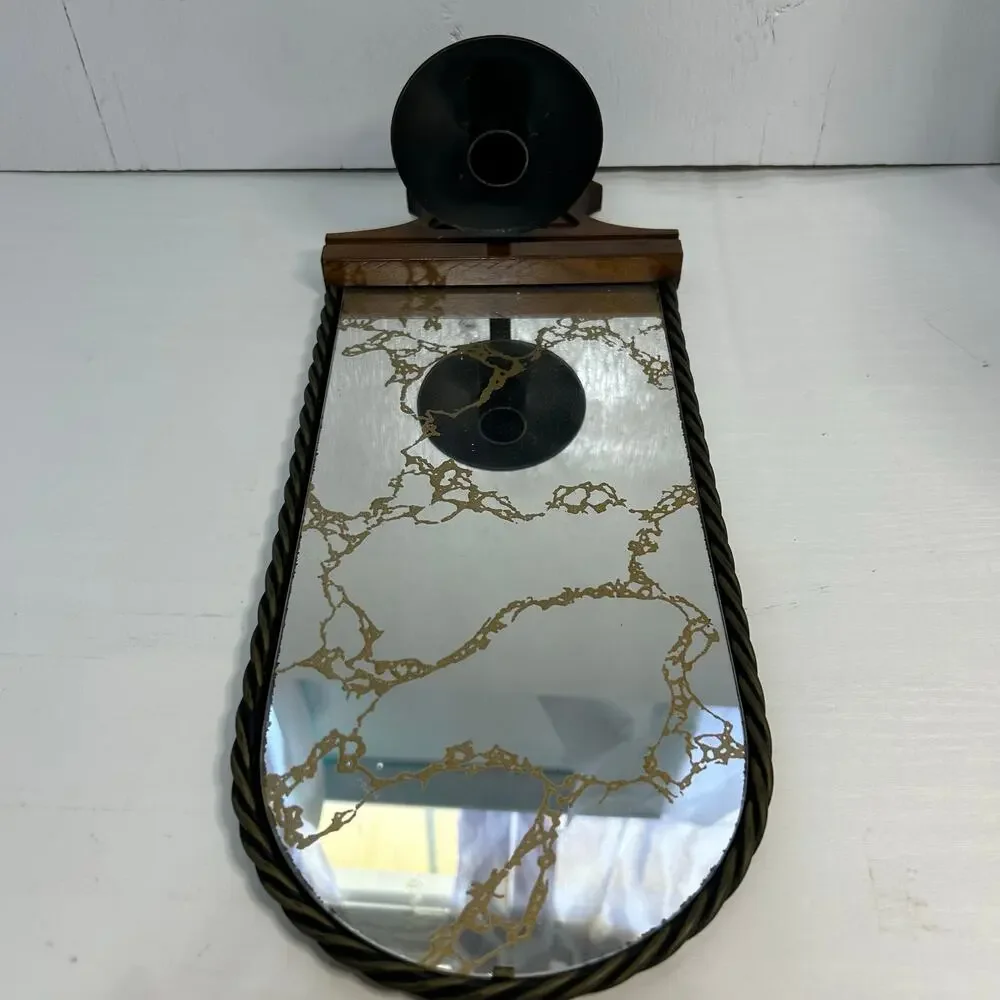 Vintage Homco Mirrored Candle Wall Sconce Gold Vein Wood Base
